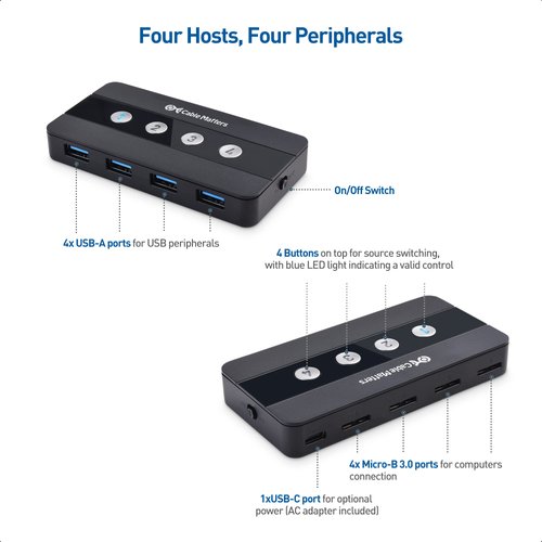 Cable Matters 4 Port USB 3.0 Switch Hub USB Sharing Switch for 4 Computers and USB Peripherals - Button or Wireless Remote Control Switching - Includes a USB-C Adapter for USB-C USB4 and Thunderbolt 4