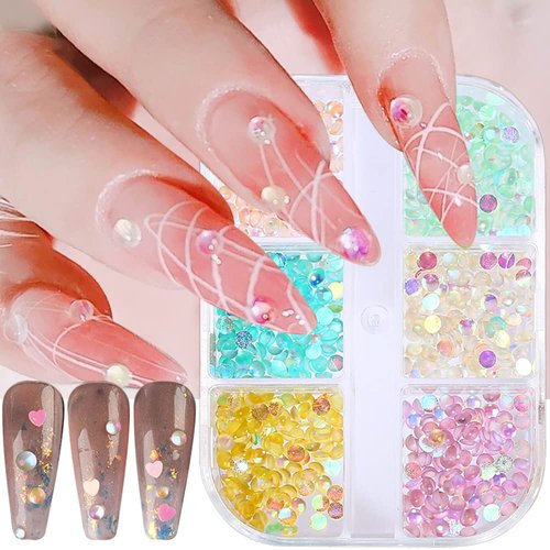 Aurora Mermaid 3D Bubble Beads Nail Charms Jewelry,6 Grids Mixed Color Crystal Gems Nail Art Decoration Acrylic Nails Flatback Rhinestones for Nails DIY Accessories Nail Supplies