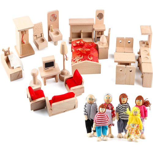5 Set Dollhouse Furniture Accessories Wooden Bathroom/Living Room/Dining Room/Bedroom/Kitchen House 6 Family Doll Decoration Pretend Play Kids Christmas Birthday Gifts for Girls Toys 40 Pcs