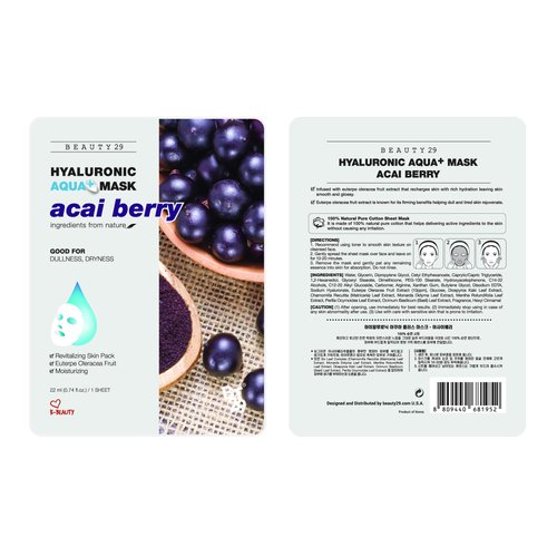 BEAUTY29 Hyaluronic Aqua Plus Essence Full Face Facial Sheet Mask (Acai Berry)