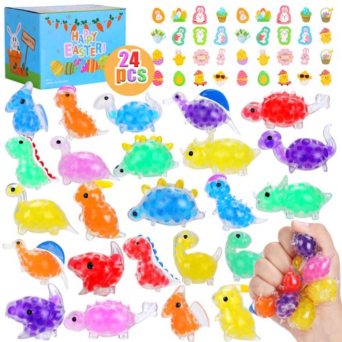 24 PCS Plastic Prefilled Easter Eggs with Mini Stress Balls Squishies Stress Relief Toys Inside, Filled Easter Eggs & 36 Easter Tattoos for Kids Boys Girls, Easter Basket Stuffers Easter Gifts