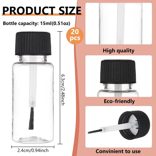 BENECREAT 20 Packs 15ml(0.5fl.oz) Plastic Brush Applicator Bottles with Black Cap, Empty Refillable Nail Polish Touch Up Bottle with Brush Top for Glue, Paint, Nail Art