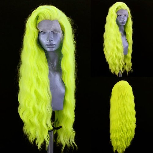 QMSSR Fluorescent Green Lace Front Wigs Synthetic Long Curly Wave Hair Bright Yellow Neon Green Wig Synthetic Lace Front Wigs for Fashion Women Cosplay Wig