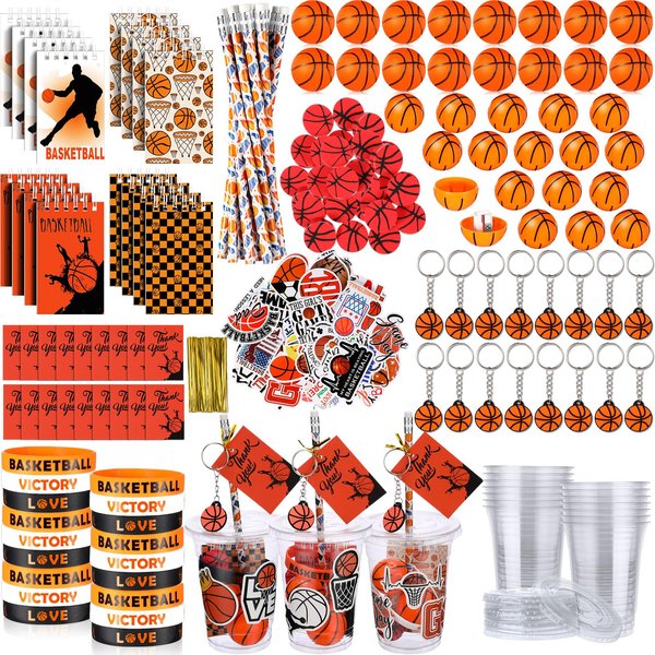 Colarr 195 Pcs Basketball Birthday Gifts Party Favors Gift Cups Pencils Mini Book Keychains Wristbands Stickers Thank You Cards Eraser Sharpener Mini Ball for Basketball Football Soccer Party