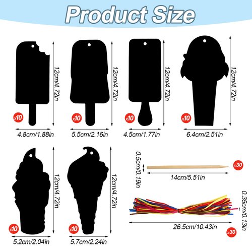 PEUTIER 60pcs Ice Cream Scratch Cards, Rainbow Color Scratch Paper Kit Cute Ice Cream Scratch Cards Craft Activities Birthday Celebration Holiday Gifts for Boys and Girls(Black)