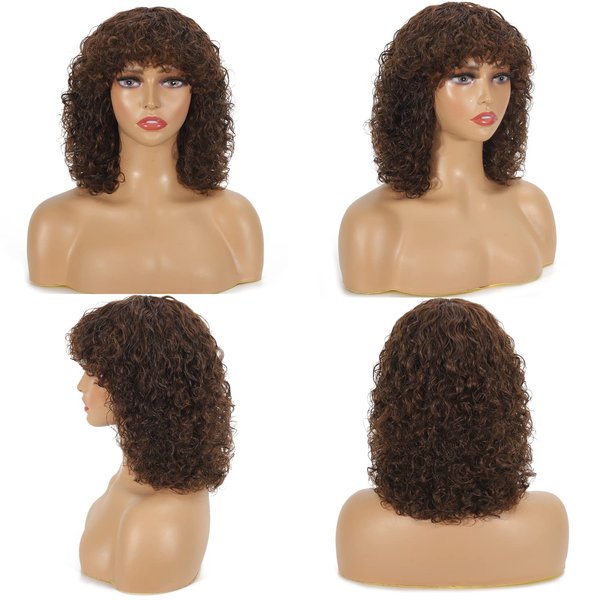 PECWU Curly Wig with Bangs Human Hair None Lace Front Glueless Short Kinky Curly Bob Wigs Afro Curly Wigs for Black Women Jerry Curly Wig Human Hair 200 Density Chocolate Brown (Chocolate Brown, 14")