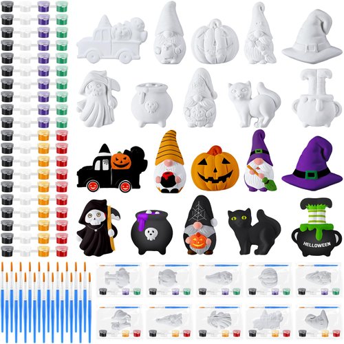 Simgoing 20 Set Halloween DIY Painting Kit Ceramic to Paint Your Own Pumpkin Gnomes Witch Hat Cat Ghost Statues Unpainted Plaster Figurines Brushes Acrylic Paints Bags Party Favor for Kids Adults