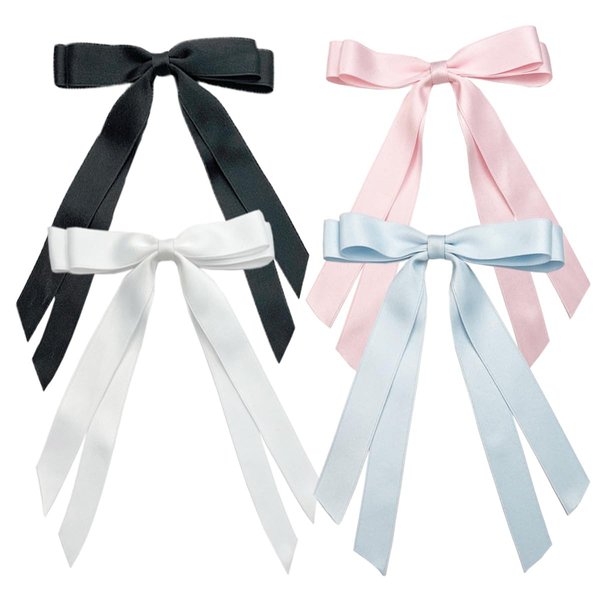 SALOCY Hair Clip Set, 4Pcs Satin Hair Bows for Women & Girls with Long Tassel, Black, White, Pink, Blue