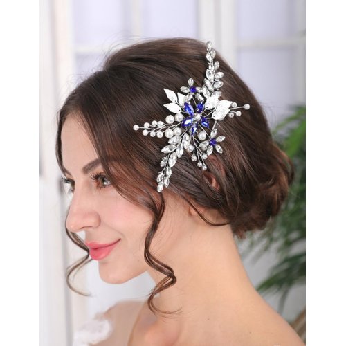 Teyglen Silver Leaf Headpiece Flower Bride Wedding Hair Comb Bridal Crystal Hair Comb Pearl Rhinestone Hair Piece Hair Accessories for Women Girls