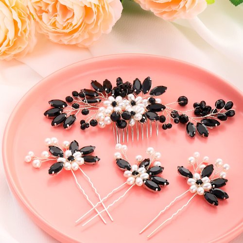 Yeshone 5 Pieces Wedding Hair Comb Bridal Hair Pins Crystal Pearl Hair Accessories Rhinestone Flower Hair Piece for Wedding Bride Women(Black,Classic Style)