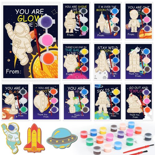 36Pcs Space Party Favors Space Cards with Art Supplies Outer Space Wood Painting Craft Kits for A...