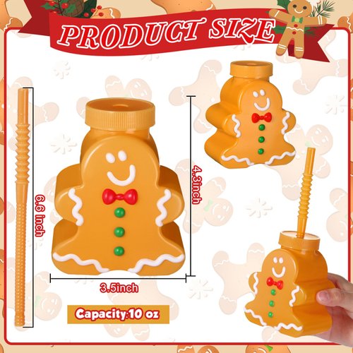 Sliner 12 Pcs Christmas Party Plastic Cups 10 oz Xmas Tree Gingerbread Peppermint Candy Snowflake Cups Gift Set with Lids Straws for Xmas Birthday Party Gifts Supplies(Gingerbread)
