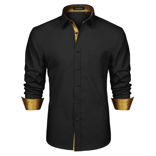 HISDERN Mens Black Dress Shirts Long Sleeve Casual Formal Button Down Shirt for Men Black Gold Plaid Inner Contrast Button Up Club Shirt