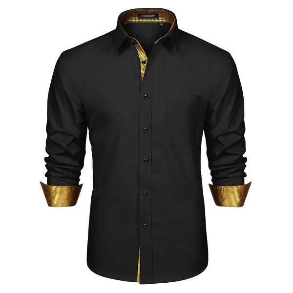 HISDERN Mens Black Dress Shirts Long Sleeve Casual Formal Button Down Shirt for Men Black Gold Plaid Inner Contrast Button Up Club Shirt