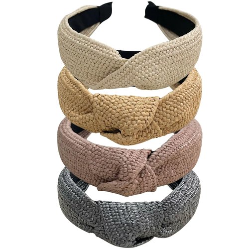Jseng 4PC Handmade Raffia Boho Headbands, Top Knot Knotted Rattan Woven No Slip Headbands for Women, Summer Beach