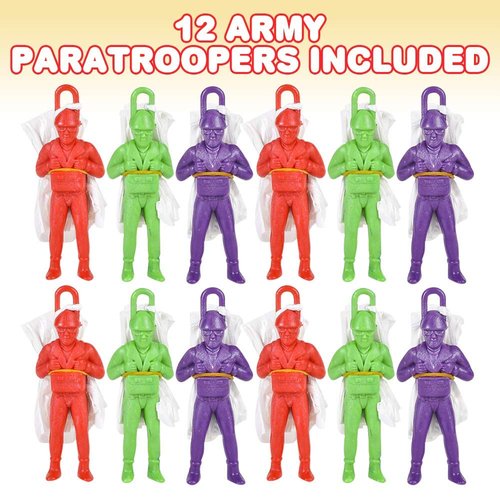 ArtCreativity Mini Paratroopers with Parachutes, Pack of 12, Vinyl Parachute Men Toy in Assorted Colors, Durable Plastic Army Guys Playset, Fun Parachute Party Favors for Boys and Girls