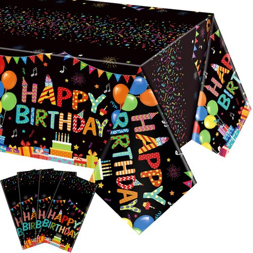 Tingjoo 4 Pcs Happy Birthday Tablecloth 54'' x 108'' Disposable Birthday Table Cloth Plastic Colorful Balloons Happy Birthday Table Cover for Kid Boy Girl Birthday Party Decoration Supplies(Black)