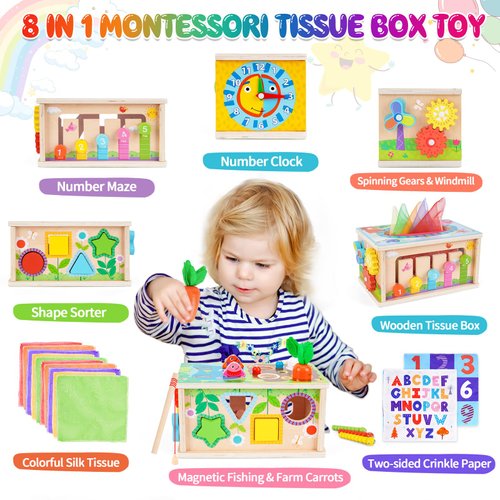 Toddlers Montessori Toys for 3 Year Old Boys Girls, Wooden Baby Tissue Box Toys for Ages 3-4 Kids, Activity Cube|Sensory Toys for Toddlers 3-4, Halloween Christmas Birthday Gifts for 36+ Months