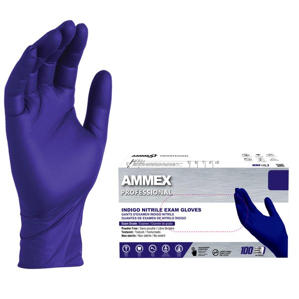 AMMEX Indigo Nitrile Disposable Exam Gloves, 3 Mil, Latex & Powder Free, Food-Safe, Textured, Non-Sterile, Medium, Box of 100