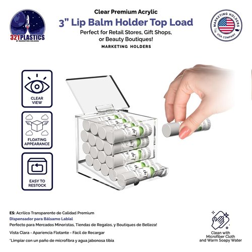 Marketing Holders Clear Acrylic Lip Balm Dispenser Retail or Home Freestanding Countertop Display with Hinged Lid for Lipsticks Glosses Chapsticks or Essential Oils