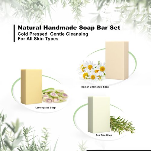Natural Bar Soap with Vitamin E, Pure Plant Oil Bath Body Soap Variety Soap Pack 3 Bars (Lemongrass, Tea Tree, Roman Chamomile)Rich Creamy Lather-Long Lasting Oily Skin Soap Gift Cold Process 3.5 oz