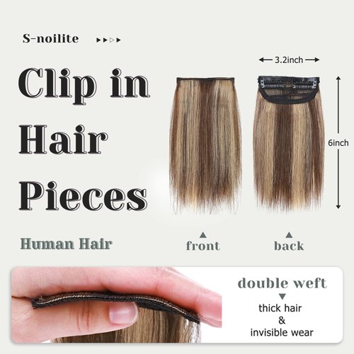S-noilite Clip in Human Hair 1PC 6 Inch Short Human Hair Extensions Adding Extra Hair Volume Thick Hairpieces #4P27 Medium Brown & Dark Blonde Fullness Double Weft Invisible Hairpin 10g