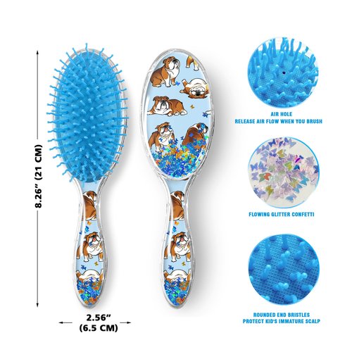 WIRESTER Oval Glitter Hair Brush For All Hair Types, Comb Hair Brush for Girls Women, Detangle Hairbrush Suitable for Wet and Dry Hair - English Bulldog Funny Playful Postures