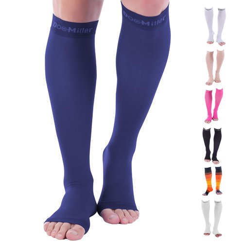 Doc Miller Open Toe Compression Socks for Women 8-15 mmHg Compression Socks for Men and Women Support Circulation, Shin Splints & Varicose Veins Recovery, 1 Pair Dark Blue Color Medium Size