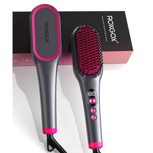 ROXGOX Ionic Hair Straightener Brush, Straightening Brush with 16 Temp, MCH Ceramic Fast Heating & Anti-Scald Safety, Hot Comb with Auto-Off Function & Temp Memory, Black