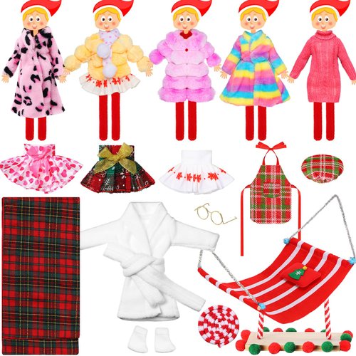 Cutecrop 15 Pcs Christmas Elf Doll Accessories Set Include Christmas Elf Clothing Bathrobe Swing Scarf Skirts Apron Socks Hat Glasses Accessories for Xmas Elf Doll Decor(Trendy)