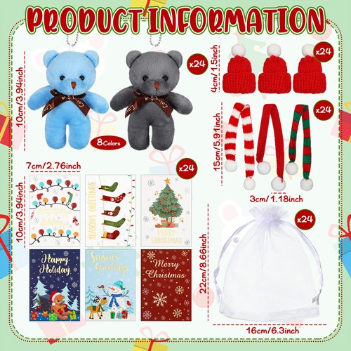 Poen 24 Set Christmas Gift 4 Inch Mini Christmas Stuffed Plush Bear with Santa Hat Scarf Christmas Cards Organza Bags Xmas Stuffed Small Bear Toy Set for Xmas Holiday Party Favor(Vibrant Style)