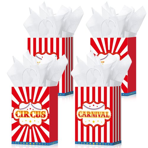 16 Pcs Carnival Bags with Tissue Paper Circus Kraft Treat Bags Circus Carnival Party Favor Bags Red White Stripe Goodie Candy Bags for Circus Birthday Decoration Showman Theme Party Supplies