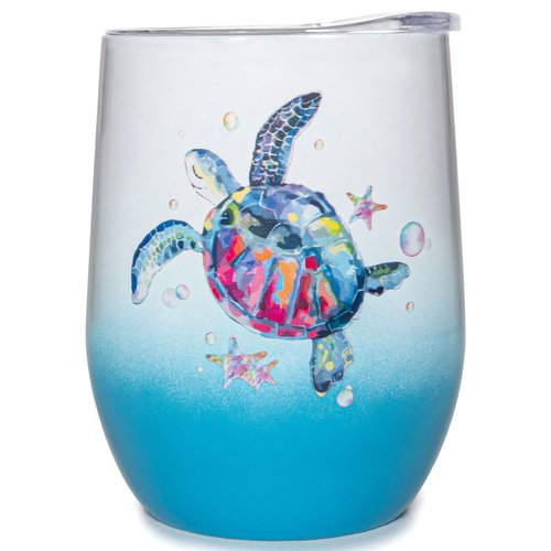 Sea Turtle Insulated Wine Tumbler for Women, Birthday Gift for Sea Turtle Lovers, 12 oz Stainless Steel Turtle Wine Glass Mug Cup with Lid and Straw, Ocean Beach Gifts for Mom Best Friends Coworker