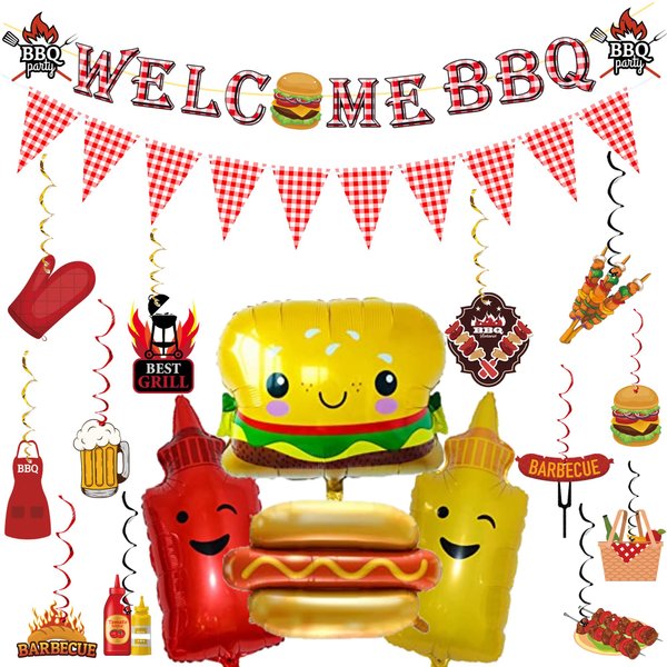 BBQ Themed Party Decorations,Welcome BBQ Banner, Barbecue Picnic Hanging Swirls for Birthday Party Decor Supplies