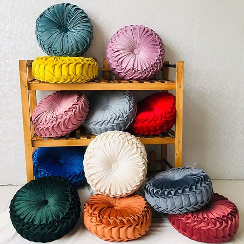 Teieas Round Throw Pillow Velvet Home Decoration Pleated Round Pillow Cushion for Couch Chair Bed Car Orange