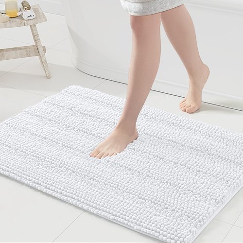 Grandaily Chenille Striped Bathroom Rugs 36x24, Extra Thick and Absorbent Bath Rugs, Non-Slip Soft Plush Shaggy Bath Carpet, Machine Wash Dry, Bath Mats for Bathroom, White