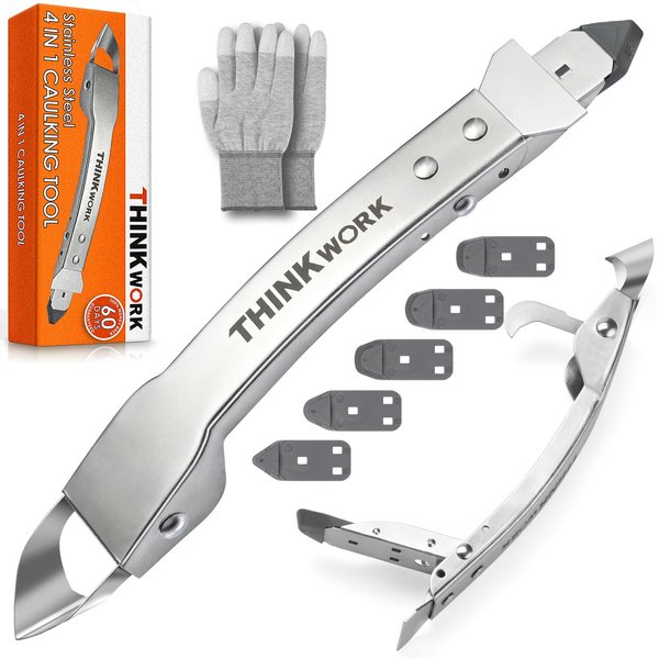 THINKWORK Caulking Tool Kit, 4 in 1 Caulk Remover Tool, Stainless Steel Caulk Tool for Kitchen Bathroom Window Sink Tile Joint, Silver