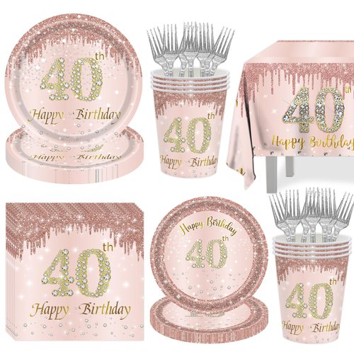 40th Birthday Tableware Set Pink Rose Gold Birthday Dessert Plates Happy 40 Years Old Birthday Dinnerware Disposable Birthday Plates Napkins Tablecloth Cups Forks for Birthday Party Favor Serves 16