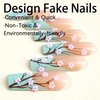 Green French Tip Press on Nails Extra Long Ballerina Coffin Nails 3D Pink Flower False Nails Glossy Full Cover Artificial Fake Nails Reusable Stick on Nails with Glue on Nails for Women DIY Manicure