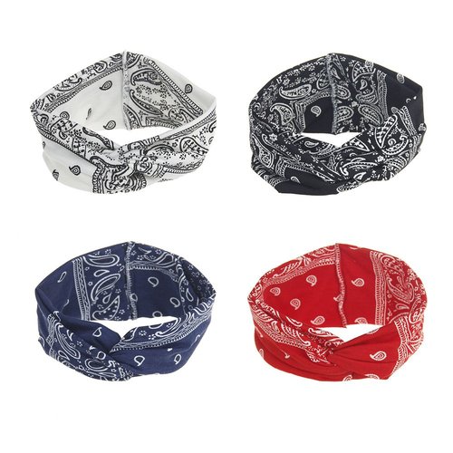 DINPREY Assorted Paisley Print Wide Bandana Knot Headbands Criss Cross Head Wrap Hair Band (4 Colors Pack A)