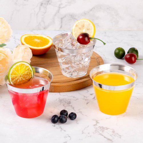 Goodluck 50PCS 9oz Plastic Cups for Party, Disposable Silver Plastic Cups, Plastic Cocktail Glasses for Wedding Thanksgiving, Christmas, and Parties