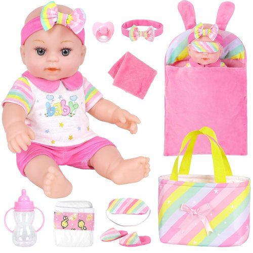 ZNTWEI 12 Inch Baby Doll Playset Sleeping Bag and Rainbow- Themed Doll Accessories, Dolls Toys for 3 Year Old Girls and Boys and Up Included Sleeping Bags, Tote Bags