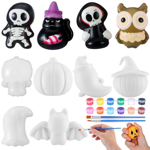 Ceenna 10 Pcs Halloween Craft Squeeze DIY Painting Kit 10 Designs Unpainted Crafts Coloring Pumpkin Skull Bat Toy Make Your Own Painting Crafts for Adult Gift Halloween Party Favors Activity