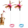 2pcs Cat Collar Toy Attached, Silicone Cat Teasing Wand Adjustable Cat Feather Collar Toys with Bell Cat Interactive Teaser Toys for Indoor Cat Playing Training (Pink, Blue)