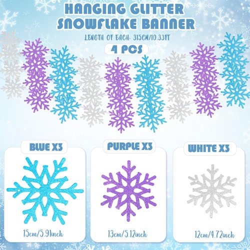 Yeaqee 4 Pcs 10.33 ft Snowflake Banner Garland White Blue Purple Glitter Hanging Garland Winter Party Decorations for Christmas Holiday Party Birthday Carnival