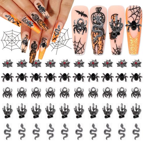 WOKOTO 50pcs 3D Black Metal Nail Charms For Nail Art 3d Halloween Charms For Acrylic Nails Black Spider Snake Skull Hand Alloy Nail Jewelrys For Women Girls Halloween Holiday Nail Gems Accessories