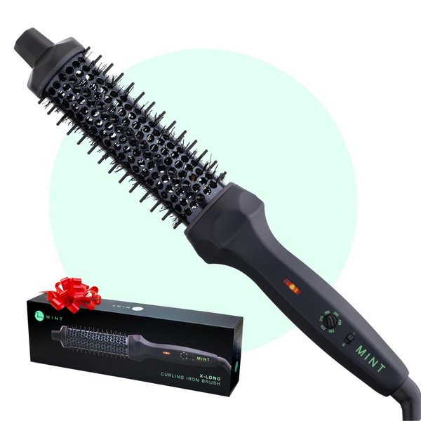 MINT Extra-Long 1 1/3 Inch Thermal Brush for Effortless Curls, Volume & Waves | 230-430°F 2-Heater Ceramic Curling Iron Brush Creates Long-Lasting Styles | Heated Round Brush Styler
