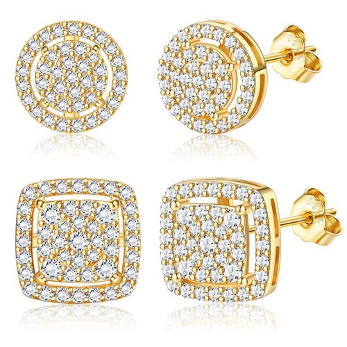 FASACCO Earrings for Men Sterling Silver Men's Earrings Gold Earrings for Men Iced Out Earrings Halo Square Earrings Mens Stud Earrings Set