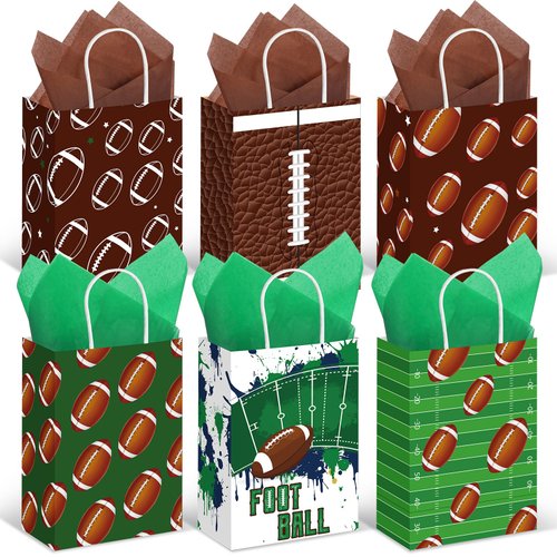 Aoriher 24 Pcs Football Party Favors Gift Bags with Tissue Paper, Sport Goodie Treats Bags Football Theme Candy Paper Bags for Birthday Party Supplies Kids Boys Girls