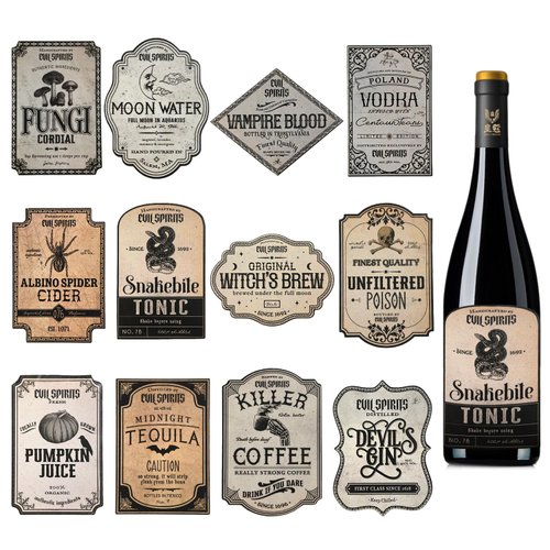 36pcs Halloween Wine Bottle Labels, Waterproof Wine Labels Potion Bottle Labels Stickers Apothecary Decals Wine Bottle Stickers for Halloween Party Decor